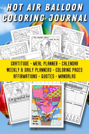 Hot Air Balloon Coloring Journal with Pages including Gratitude, Meal Planner, Calendar and More