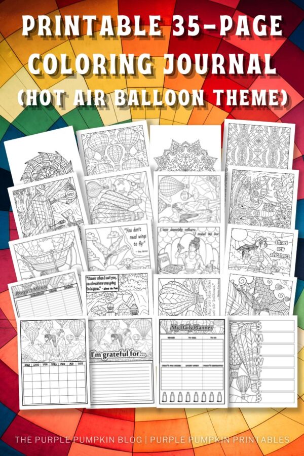 Printable 35-Page Coloring Journal - Hot Air Balloon Theme