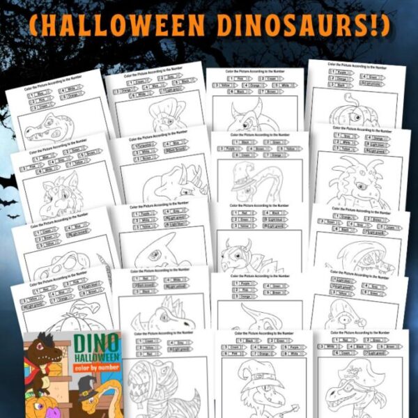 30-Page Printable Halloween Dinosaur Color By Number Coloring Book