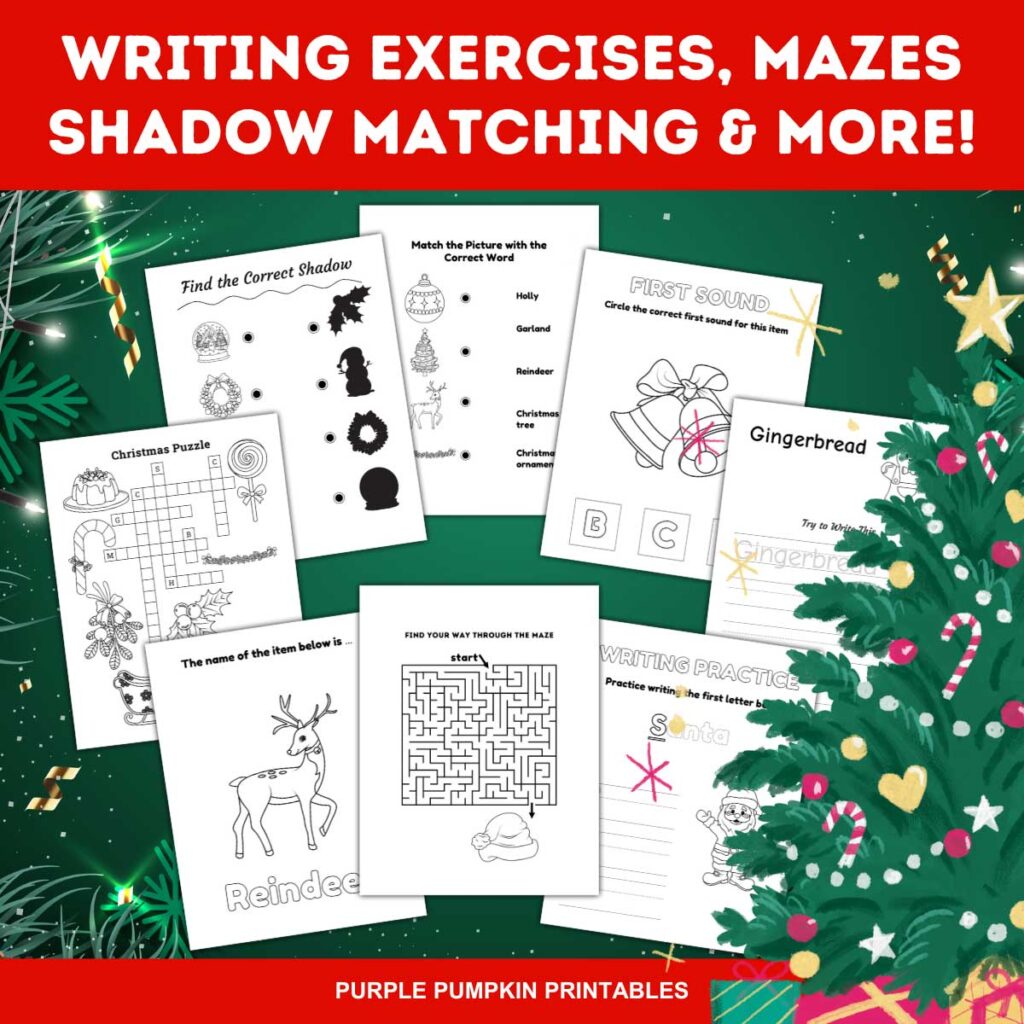 Digital images of printable Writing Exercises, Mazes, Shadow Matching and More