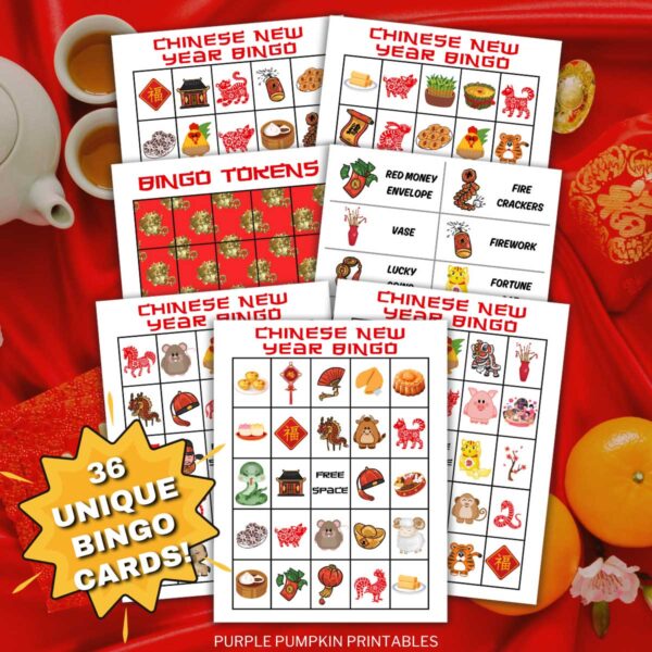 Digital Representation of 36 Unique Bingo Cards for Chinese New Year