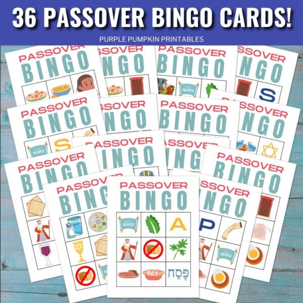 Digital representation of bingo cards. Text overlay says 36 Passover Bingo Cards