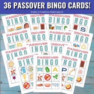 Digital representation of bingo cards. Text overlay says 36 Passover Bingo Cards