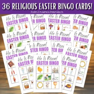 Digital representation of printable Religious Easter Bingo Cards. Text overlay says "36 Religious Easter Bingo Cards"