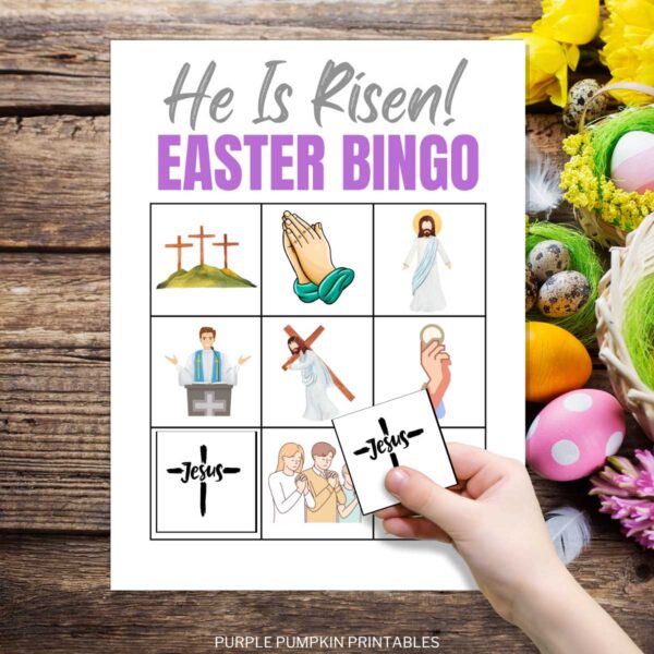 Digital representation of printable Religious Easter Bingo Cards.