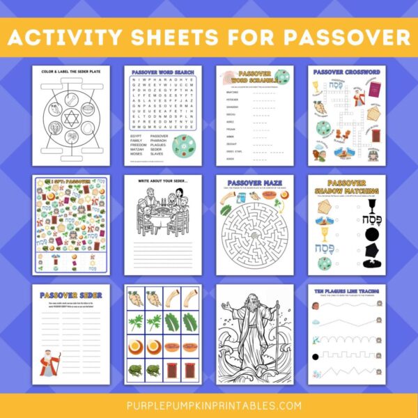 Digital representation of Passover activity sheets. Text overlay says: Activity Sheets for Passover