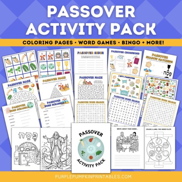 Digital representation of Passover activity sheets. Text overlay says: Passover Activity Pack - Coloring Pages, Word Games, Bingo + More