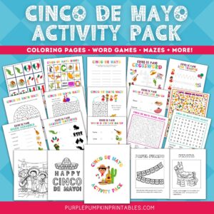 Digital representation of Cinco De Mayo activity sheets. Text overlay says: Cinco de Mayo Activity Pack - Purple Pumpkin Printables