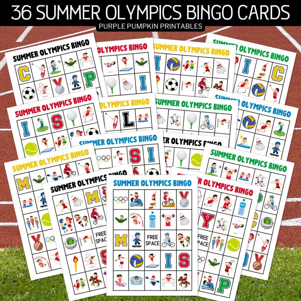 Digital mock-up of Summer Olympics Bingo Printable. Text overlay says; 36 Summer Olympics Bingo Cards