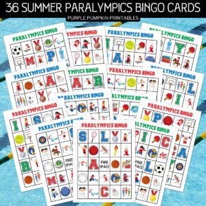 Digital mock-up of Printable Paralympics Bingo Cards. Text overlay says: 36 Summer Paralympics Bingo Cards