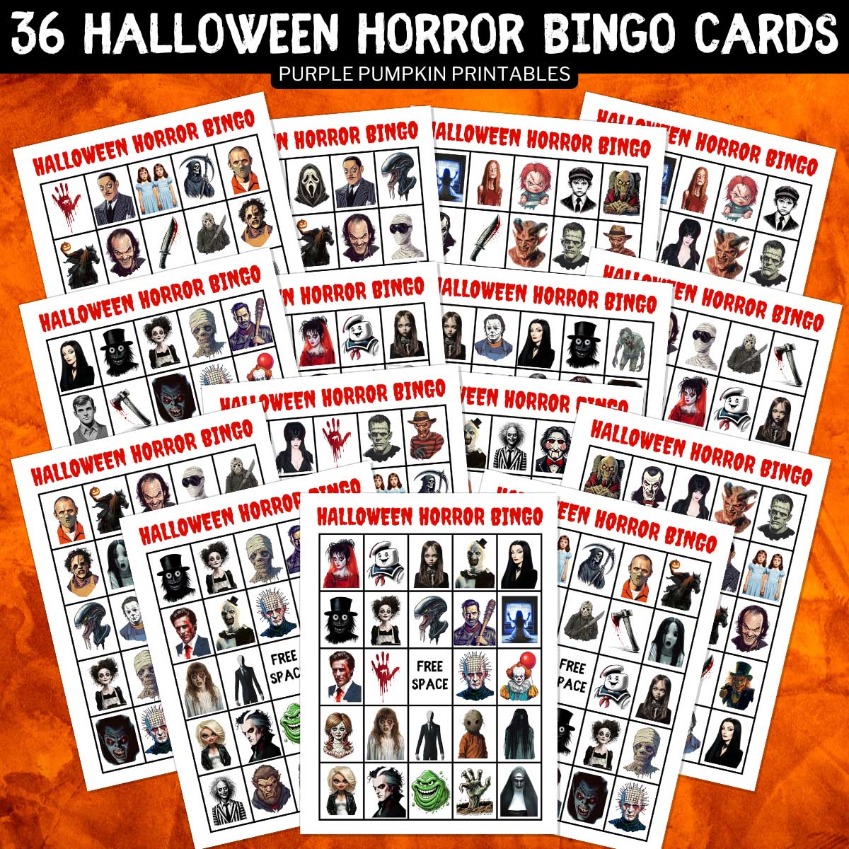 Digital mock up of Printable Halloween Horror Bingo Game Cards with text overlay: Halloween Horror Bingo Cards