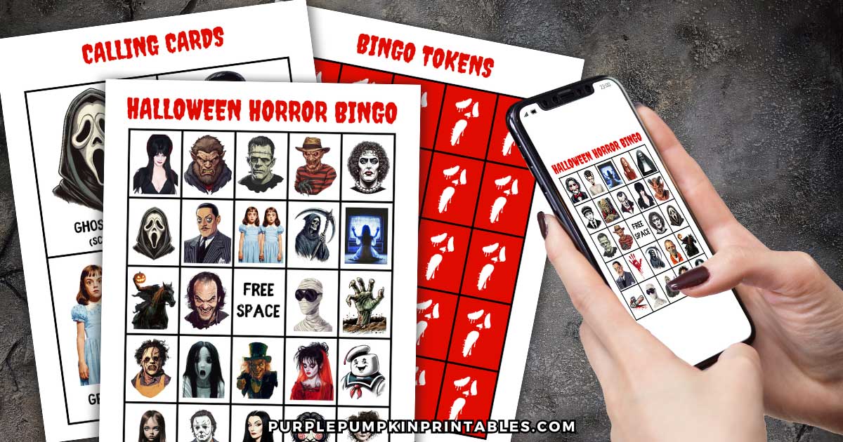 Digital mock up of Printable Halloween Horror Bingo Game Cards
