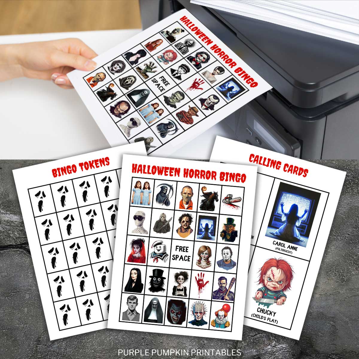 Digital mock up of Printable Halloween Horror Bingo Game Cards