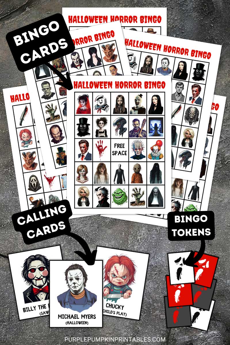 Digital mock up of Printable Halloween Horror Bingo Game Cards