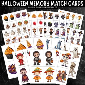 Digital mock up of Halloween memory matching cards. Text overlay says: