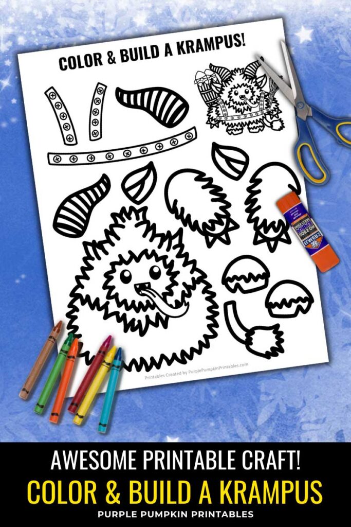 Digital mock up of black-and-white Krampus template. Text overlay says: Awesome Printable Craft - Color and Build a Krampus