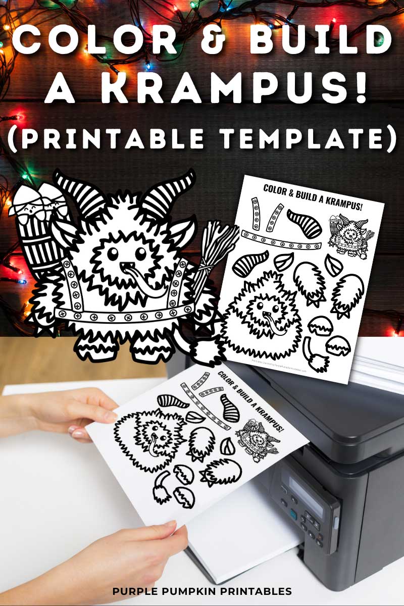 Digital mock up of black-and-white Krampus template. Text overlay says: Color and Build a Krampus (Printable Template)