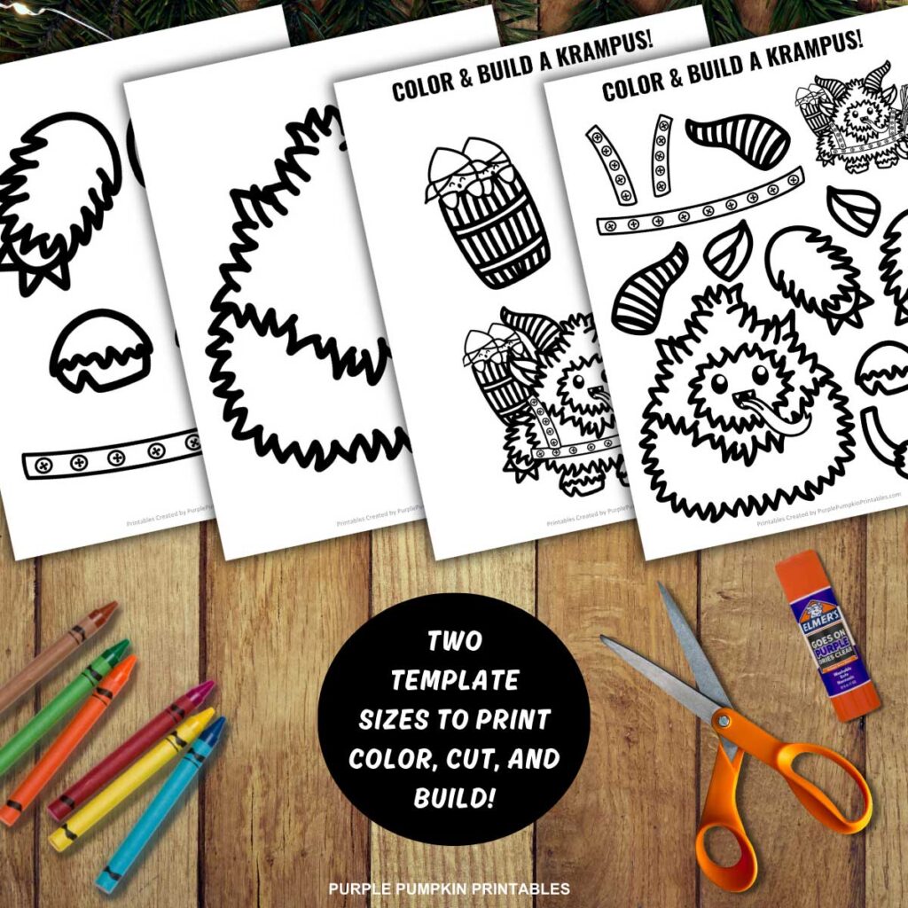 Digital mock up of black-and-white Krampus template. Text overlay says: Two template sizes to print, color, cut, and build!