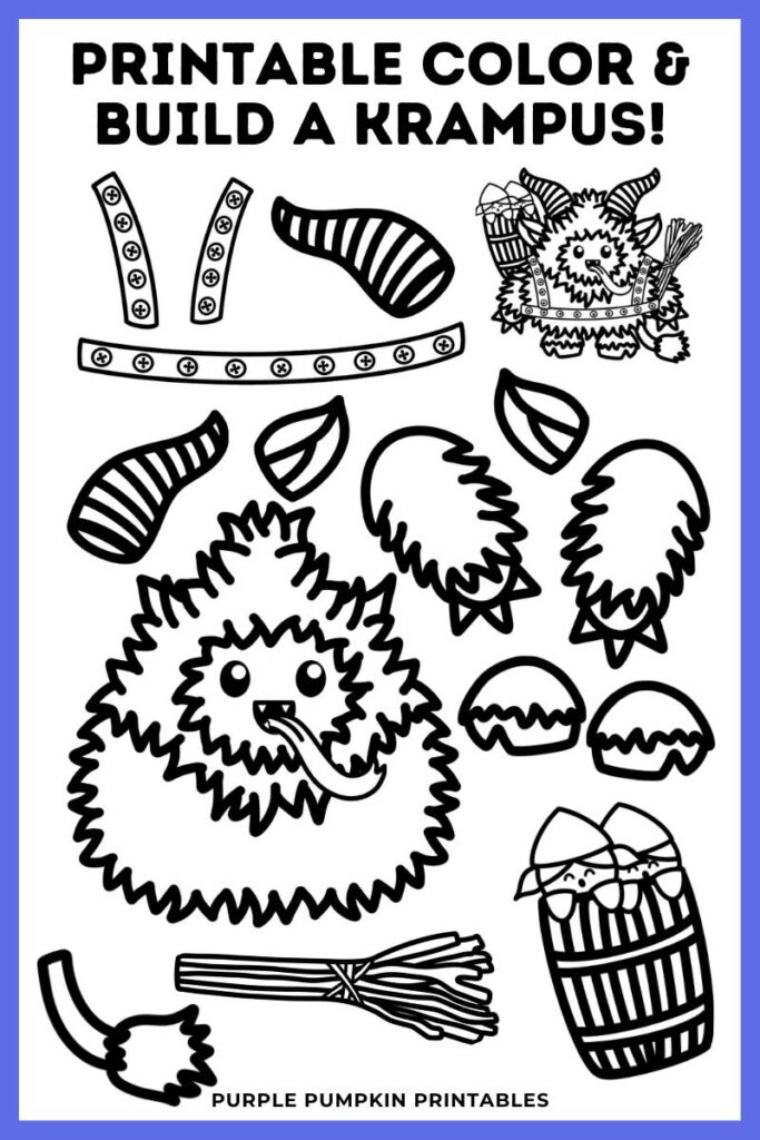 Digital mock up of black-and-white Krampus template. Text overlay says: Printable Color and Build a Krampus