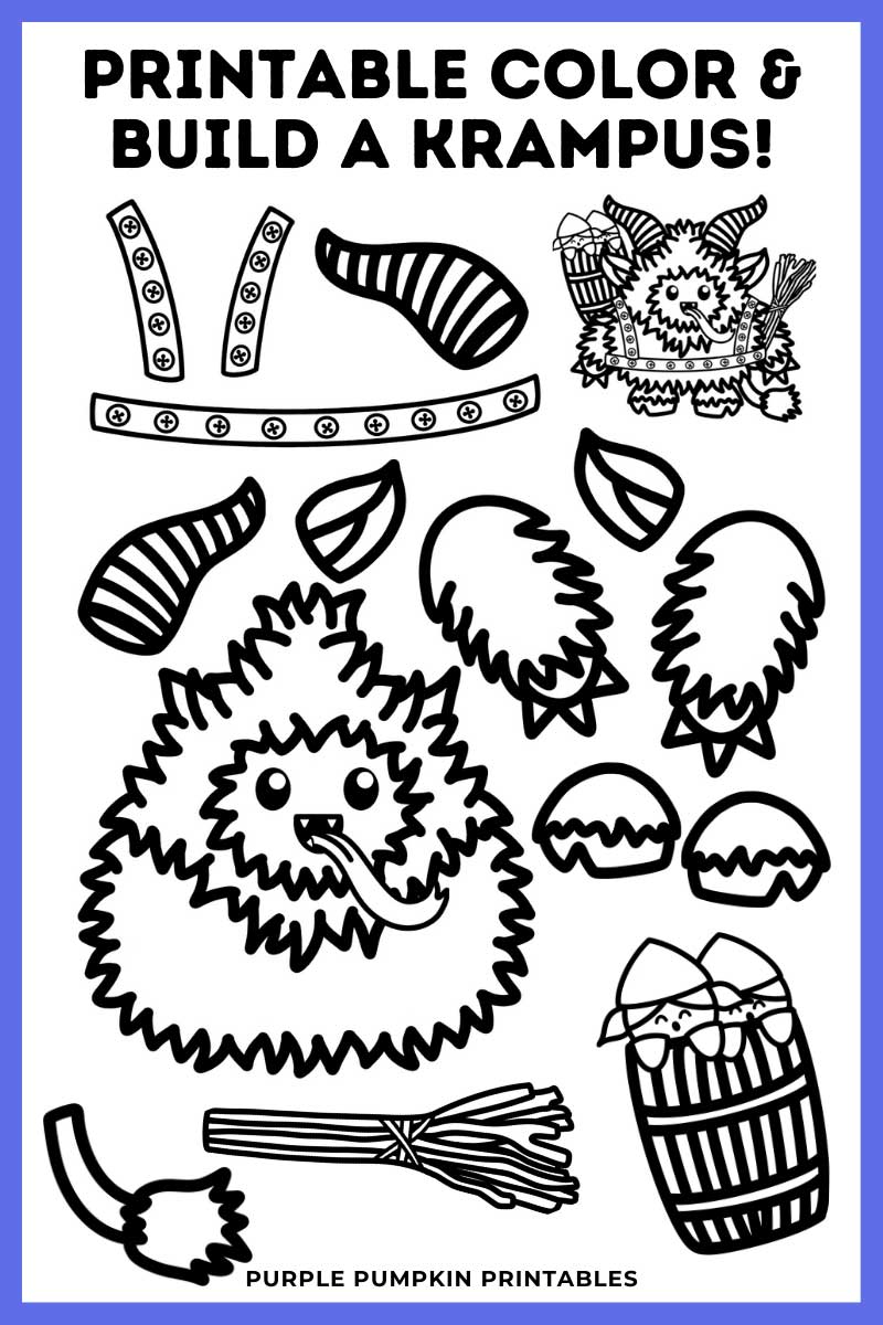 Digital mock up of black-and-white Krampus template. Text overlay says: Printable Color and Build a Krampus