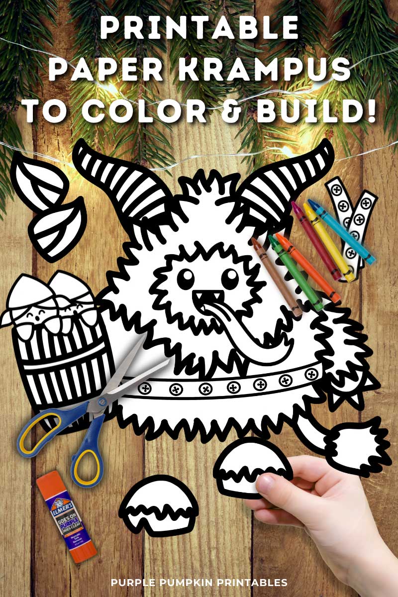 Digital mock up of black-and-white Krampus template. Text overlay says: Printable Paper Krampus to Color and Build