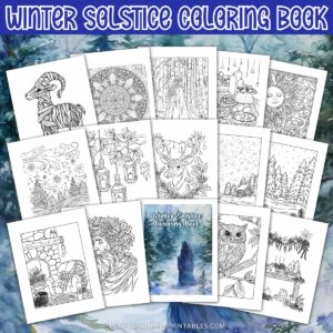 Digital mock up of Winter Solstice coloring pages. Text overlay says: Winter Solstice Coloring Book