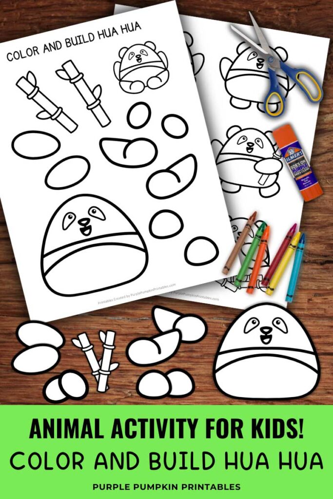 Digital mock up of the printable sheets and pieces to color and build Hua Hua the Giant Panda. Text overlay says: Animal Activity for Kids! Color and Build Hua Hua