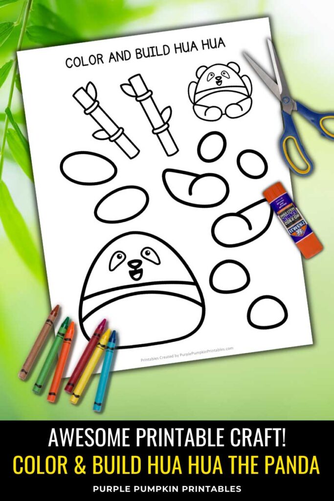 Digital mock up of the printable sheets and pieces to color and build Hua Hua the Giant Panda. Text overlay says: Awesome Printable Craft! Color & Build Hua Hua the Panda