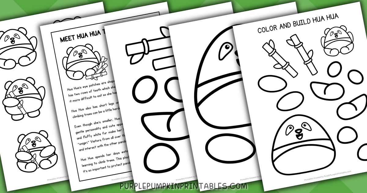 Digital mock up of the printable sheets and pieces to color and build Hua Hua the Giant Panda.