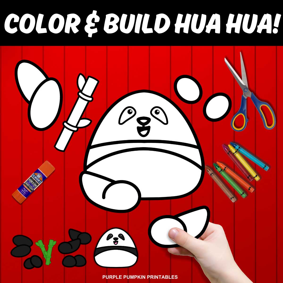 Digital mock up of the printable sheets and pieces to color and build Hua Hua the Giant Panda. Text overlay says: Printable Color & Build Hua Hua!