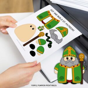 Digital mock up of full color and/or black-and-white templates of a cartoon St. Patrick with additional items like scissors, glue, crayons, and printer.