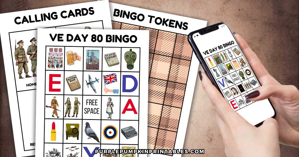 Digital mock up of VE Day bingo cards, calling cards, and bingo tokens.