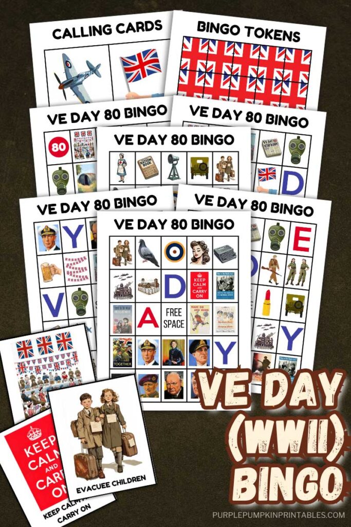 Digital mock up of VE Day bingo cards, calling cards, and bingo tokens. Text overlay says: VE Day (WWII) Bingo Game Printable